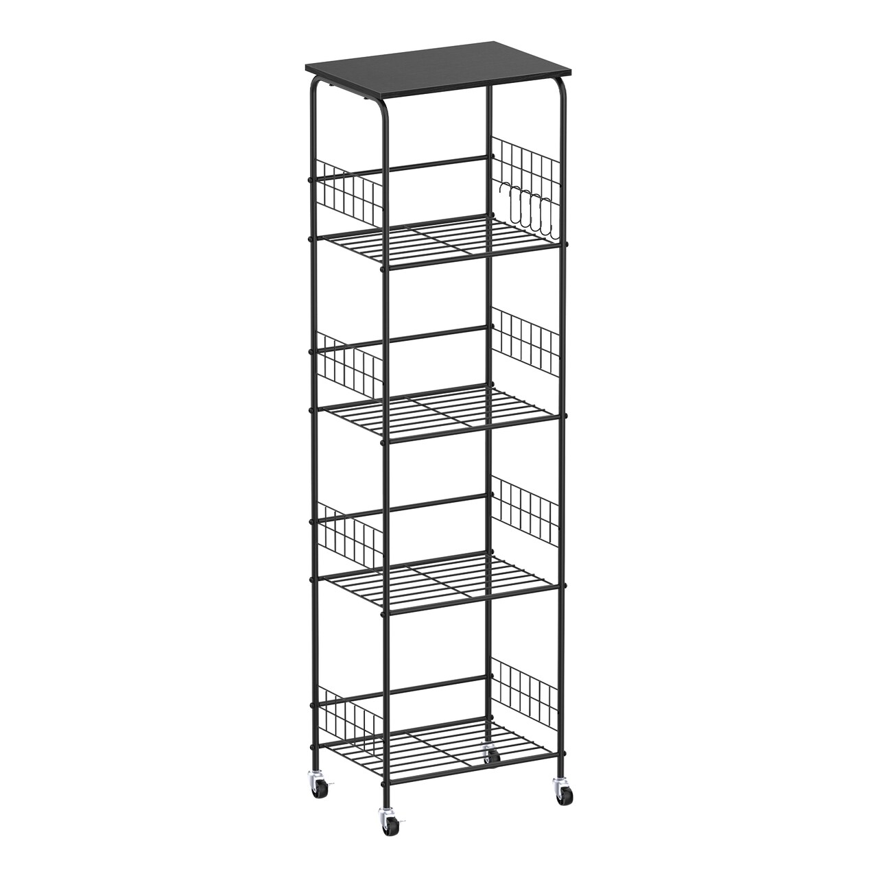 5-Tier Narrow Rolling Storage Cart with Wood Top, Black Metal Wire Shelving Unit with Wheels & Hooks